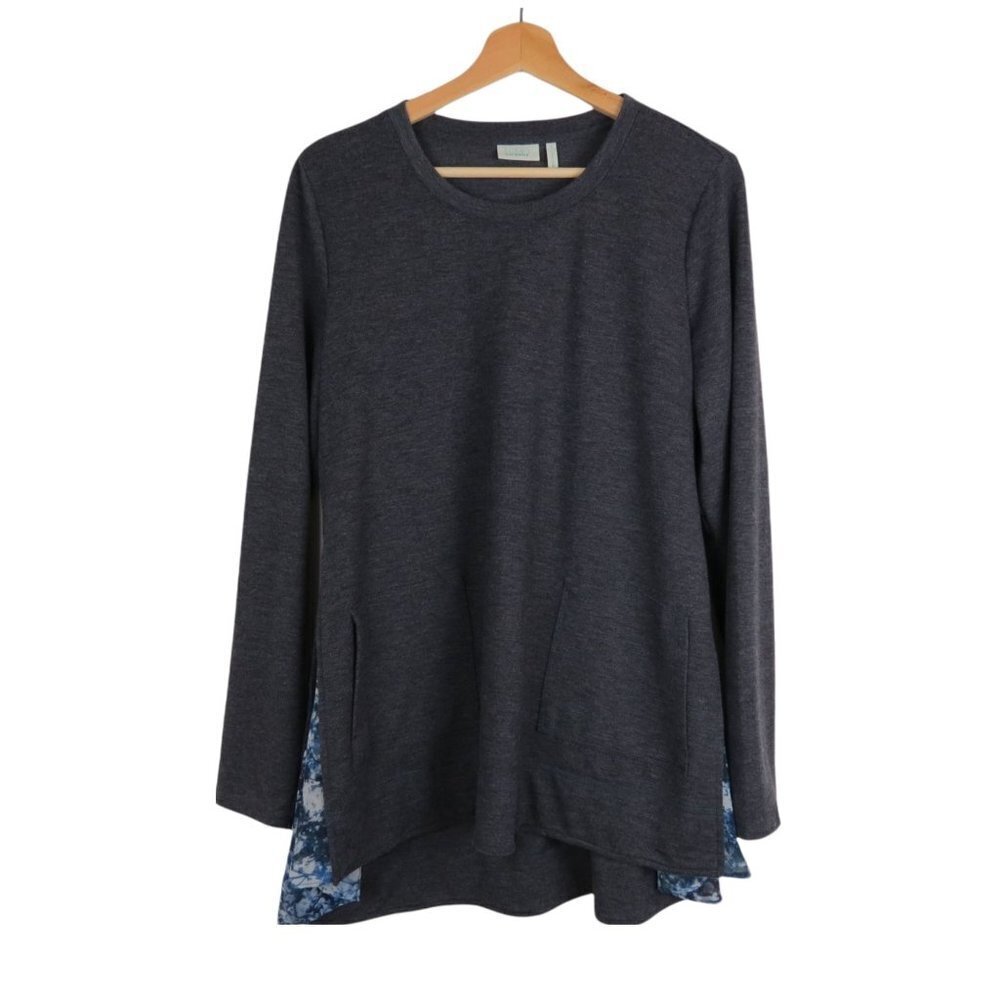 LOGO LOUNGE Women's Gray French Terry Top with Printed Chiffon Godets Tunic M